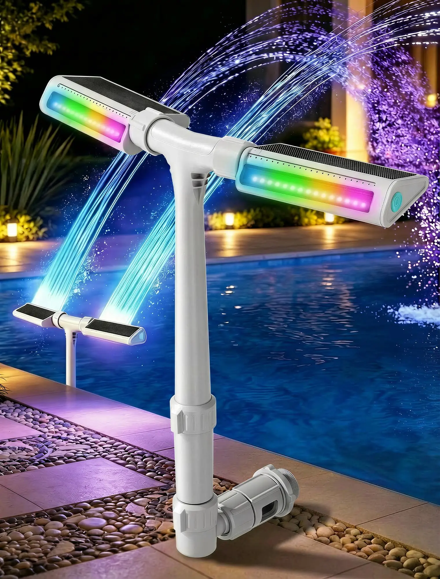 POOLHOUR Solar Pool Fountain with 10-Color LED Lights, Auto Light-Sensing Pool Sprinkler Fountain for Above/Inground Pools, 360° Adjustable Spray for 8-16°F Cooling