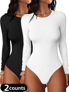 1/2 Counts Fall & Winter Women's Solid Cute Thermal Bodysuit,Long Sleeve Minimalist Seamless Jumpsuit,Comfortable Round Neck Shirt,Stretchy Warm Basic Tops,Fit Soft Elastic Loungewear,Y2K Tee,Womenswear,Shapewear,Perfect For Daily Wear and Going Out