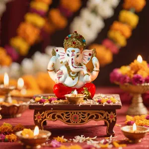 alikiki Lord Ganesha Idol Statue - 5.6" H Poly Stone Hindu God Ganpati Murti for Diwali Home Mandir Temple Altar Shrine Puja Item Indian Wedding Spiritual Decors