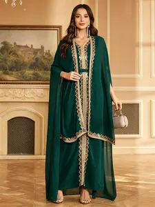 Middle Eastern Casual Kaftan Abaya Set, Loose Fit Two-Piece Dress, Long Sleeve V-Neck, Sequin Embroidery, Elegant and Chic