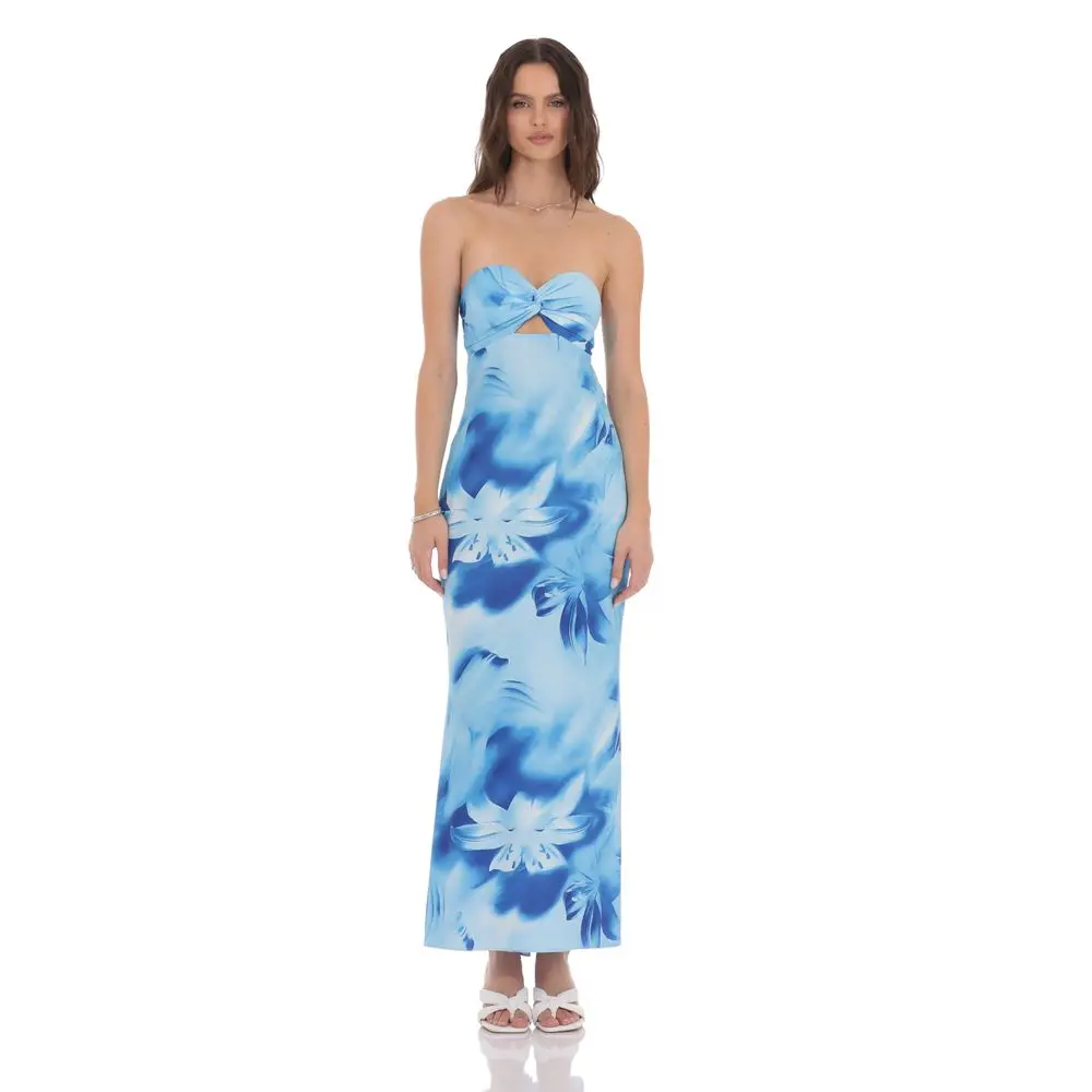 Floral Cutout Strapless Maxi Dress in Blue - TikTok Shop
