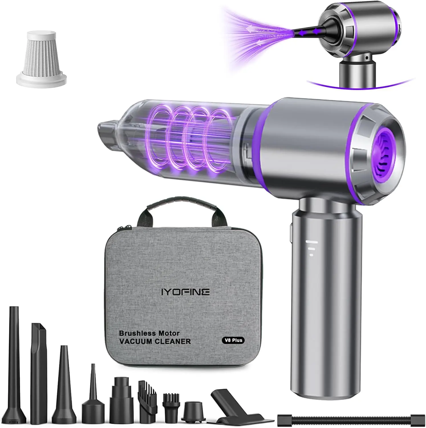 V8 Plus Cordless Car Vacuum Cleaner, Handheld Mini High Power | Portable 4-in-1 Vacuum Blower with Powerful Suction, Compressed Air Cleaner for Car Interior, Keyboard, Home & Office