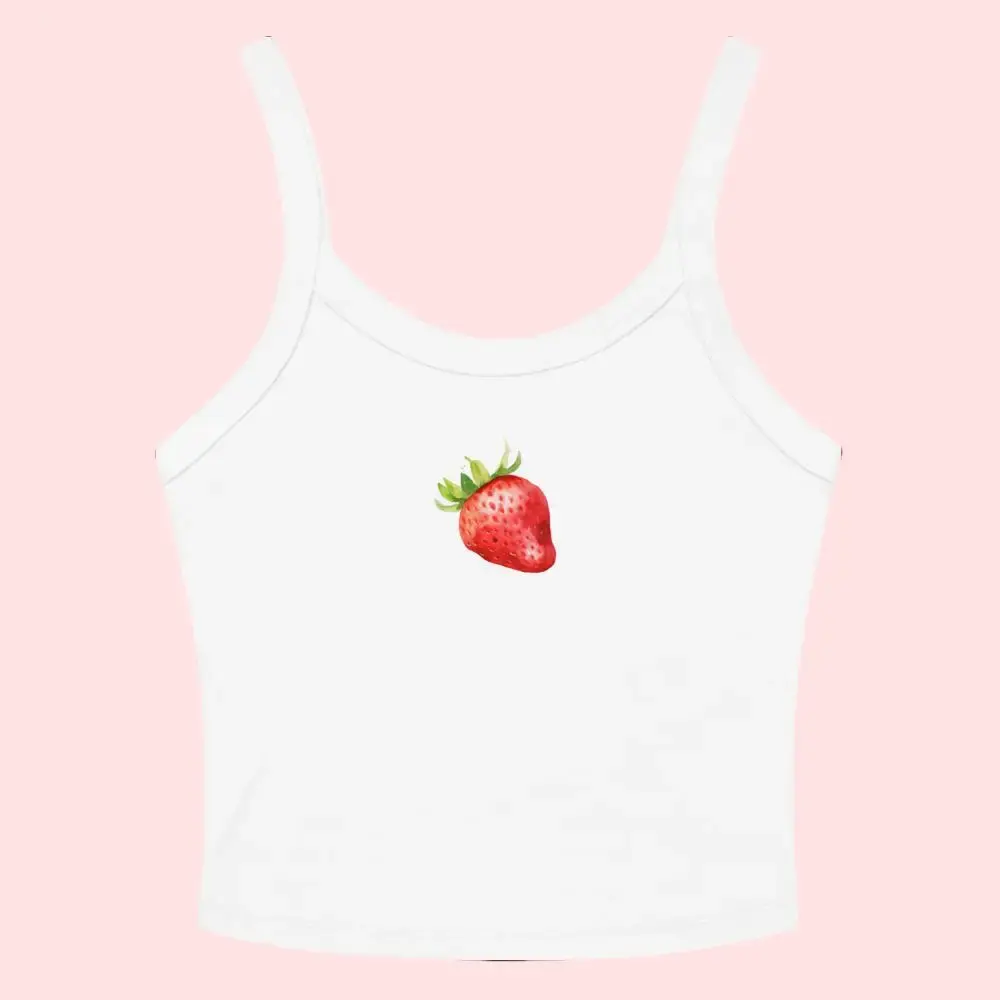 Summer Strawberry Tank Top, Women Cropped Baby Tee Style, Cute Tank for Beach Summer Outfit, Micro Rib Cotton Performance Tank Top