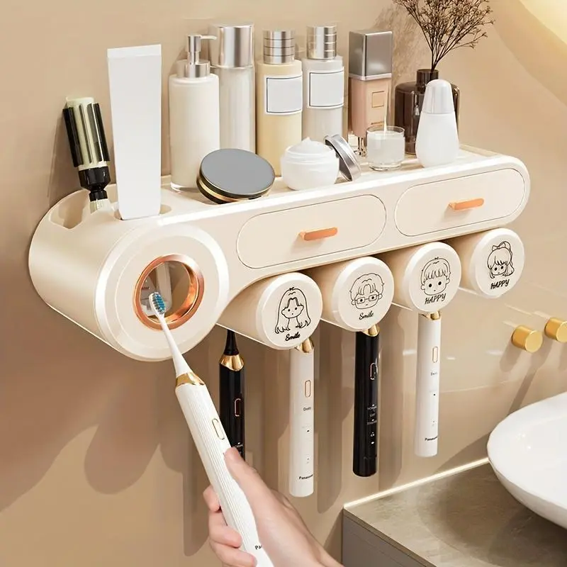 Plastic Wall-Mounted Toothbrush Holder Set - Modern Home Organizer with 2/3/4 Cups, Toothpaste Dispenser, Large-Capacity Cosmetic Drawer, No Power Needed, Bathroom Decor (Set Toothbrush Holders)