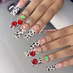 24pcs 3D Cherry Leopard Print False Nails, Sweet Cool Style Long Square Glossy Nail Art, Trendy Wearable Manicure Accessories