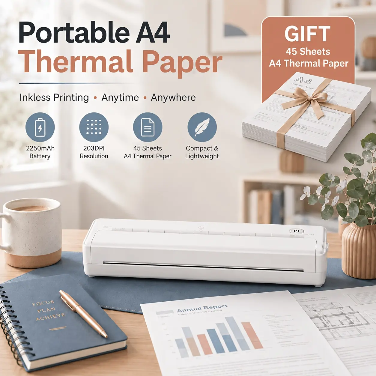 Thermal Pocket Printer, Inkless Portable Wireless Bluetooth Printer for Travel & Office, Compatible with iOS, Supports 8.5"x11" US Letter & A4 Paper, Includes 100 Sheets A4 Paper, Compact Design