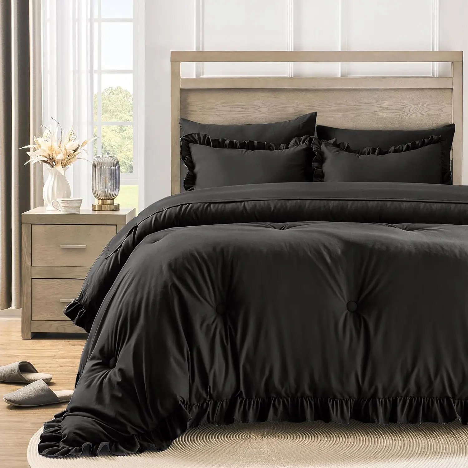 Size Bed in a Bag 7 count  Size Comforter Set, Ruffle Shabby Chic Bedding Comforter Set Black Bed Set with Comforter, Pillowcases, Flat Sheet, Fitted Sheet and Pillow Shams