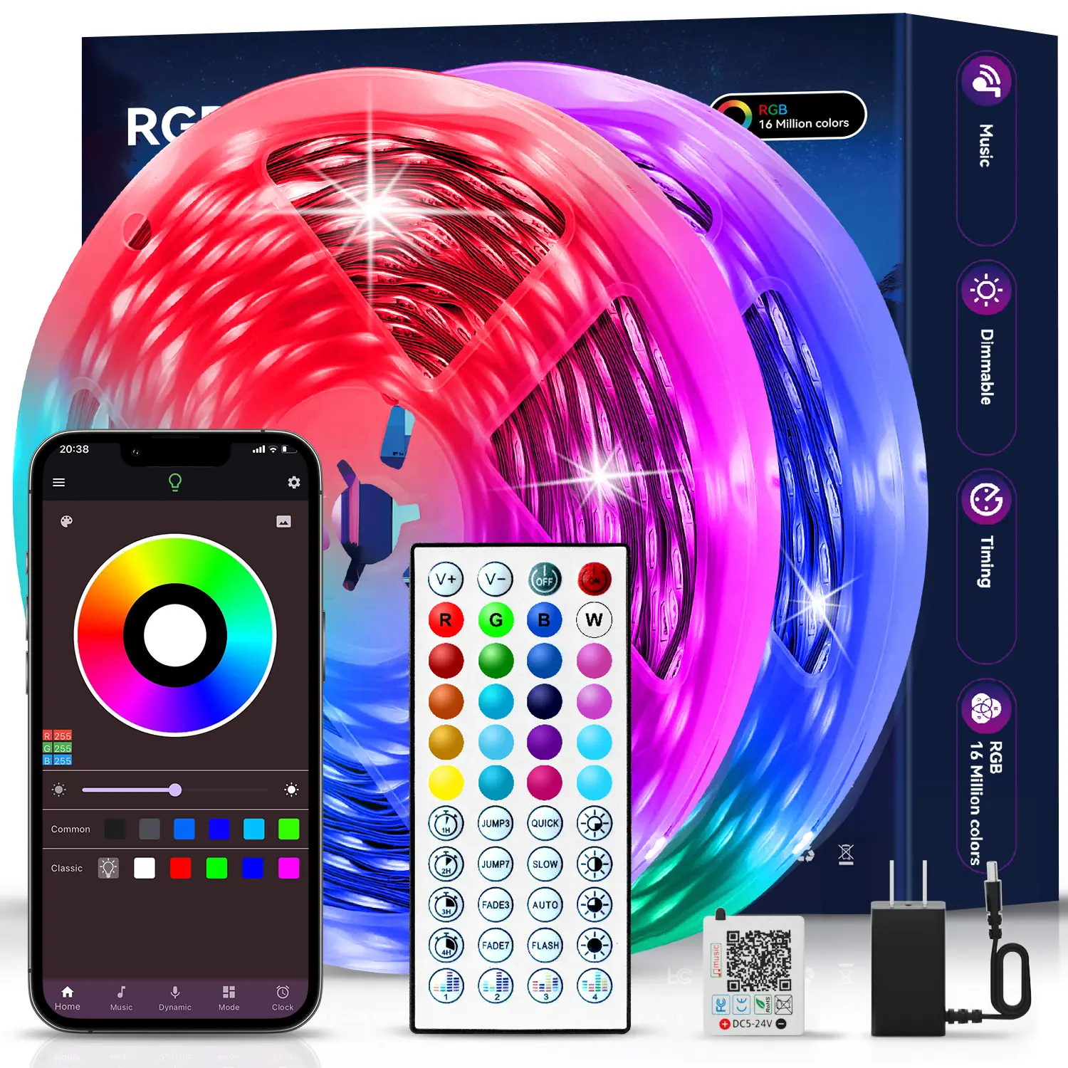 100FT 50FT Led Strip Lights RGB Music Sync for Bedroom ,Bluetooth Led lights with Smart App and Remote Control indoor lighting, more choice 100ft 50ft