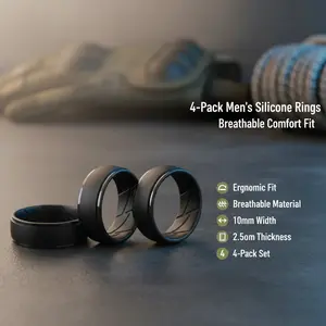 4Pack Black 7Men's Silicone Rings 10mm Wide 2.5mm Thick Rubber Bands, Inner Arc Ergonomic Breathable Engagement Rings