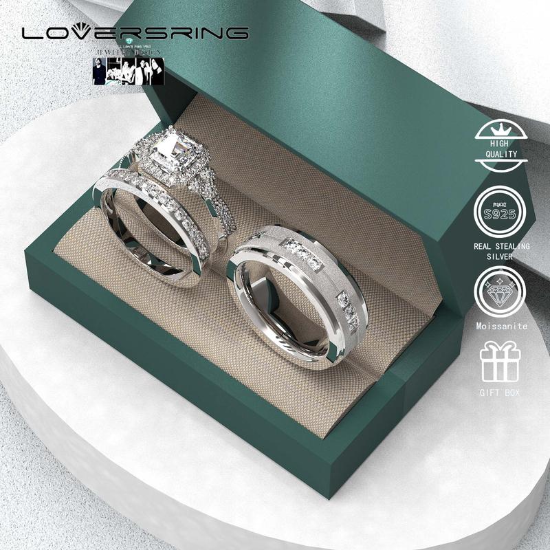 Wedding Ring Sets His And Hers Promise Ring Wedding Ring Sets His And Hers Couples Women 925 Sterling Silver Square Cut Moissanite Man titanium Wedding Band