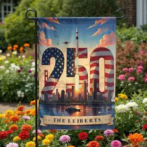 USA 250th Anniversary Garden Flag _ Personalized Patriotic Cityscape Design _ Double Sided Weather Resistant Polyester _ Custom Family Name Yard Decor Gift