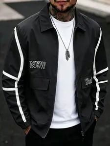Men's Casual Windbreaker Jacket, Long Sleeve, Coats, Stylish, New York Letter Print, Fitted Design, Dual Pockets, Wrinkle-Resistant, All Seasons