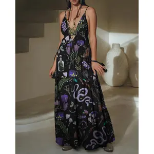 Mystical Gothic Maxi Dress for Women Soft 100% Cotton V-Neck Sleeveless Floral Sundress with Snakes Amethysts and Botanical Motifs Perfect for Summer Beachwear and Festivals