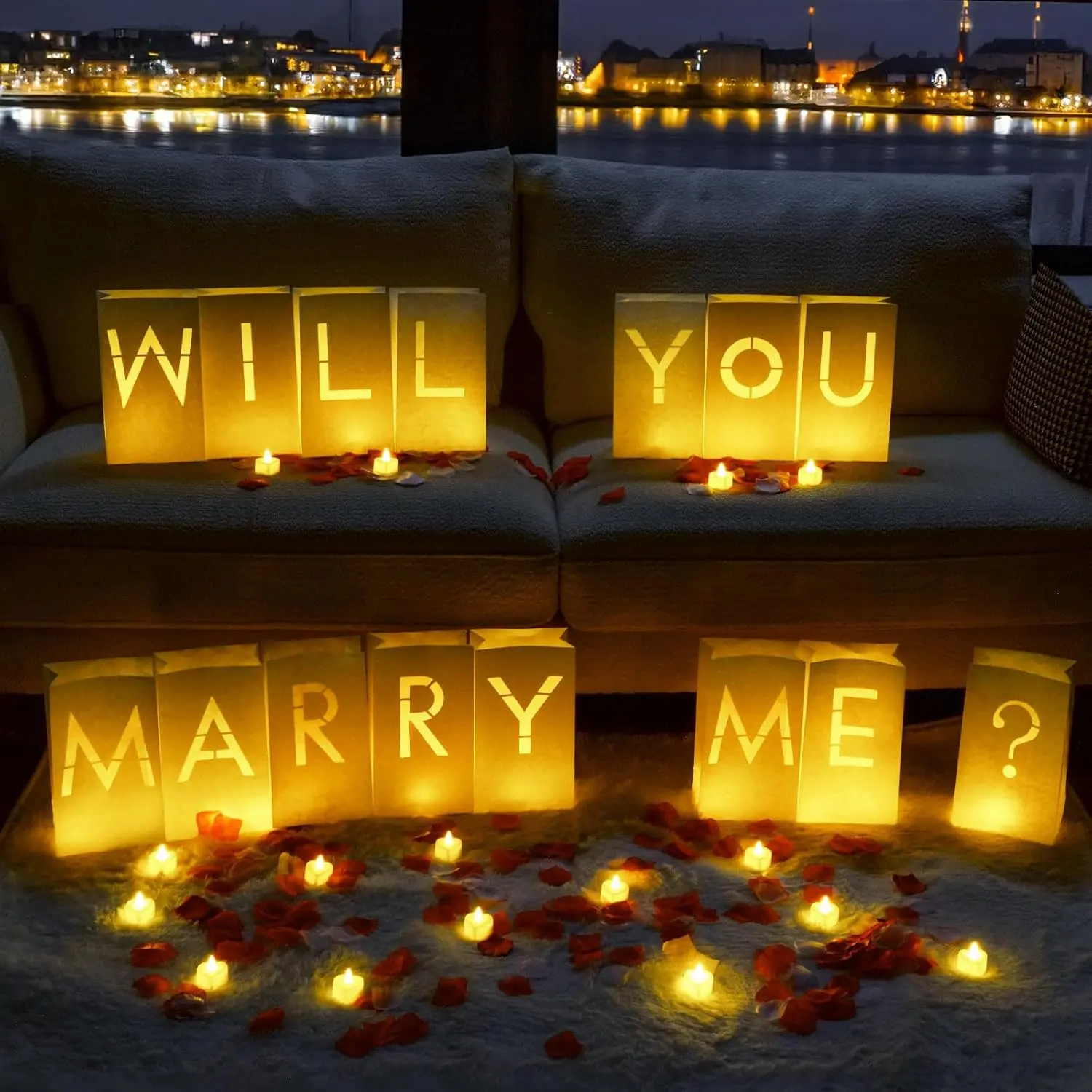 Will You Marry Me Light Up Letters Proposal Decorations with Flameless Candles and 2000 Fake Rose Petals, Valentine's Day Luminary Bags Decorations for Wedding Engagement