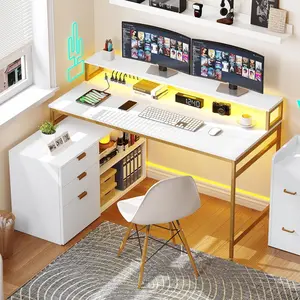 L Shaped Desk with Power Outlets and LED Lights, 55" Computer Desk with Drawers, Corner Office Desk with File Cabinet for Home Office, White & Gold
