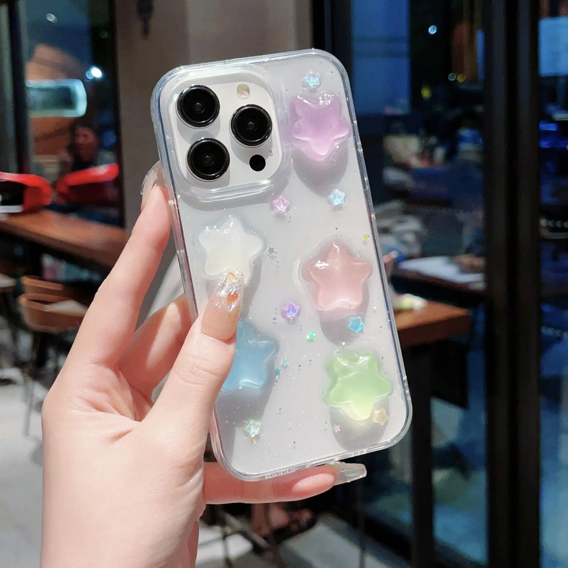 Night Glow Luminous Large Star Transparent Dripping Gel Phone Case, 3D Touch Sensory Protective Cover for iPhone 11 12 13 14 15 16 17 Pro Plus Pro Max Casing Accessories, Protective Smartphone Cover, Mobile Phone Cover