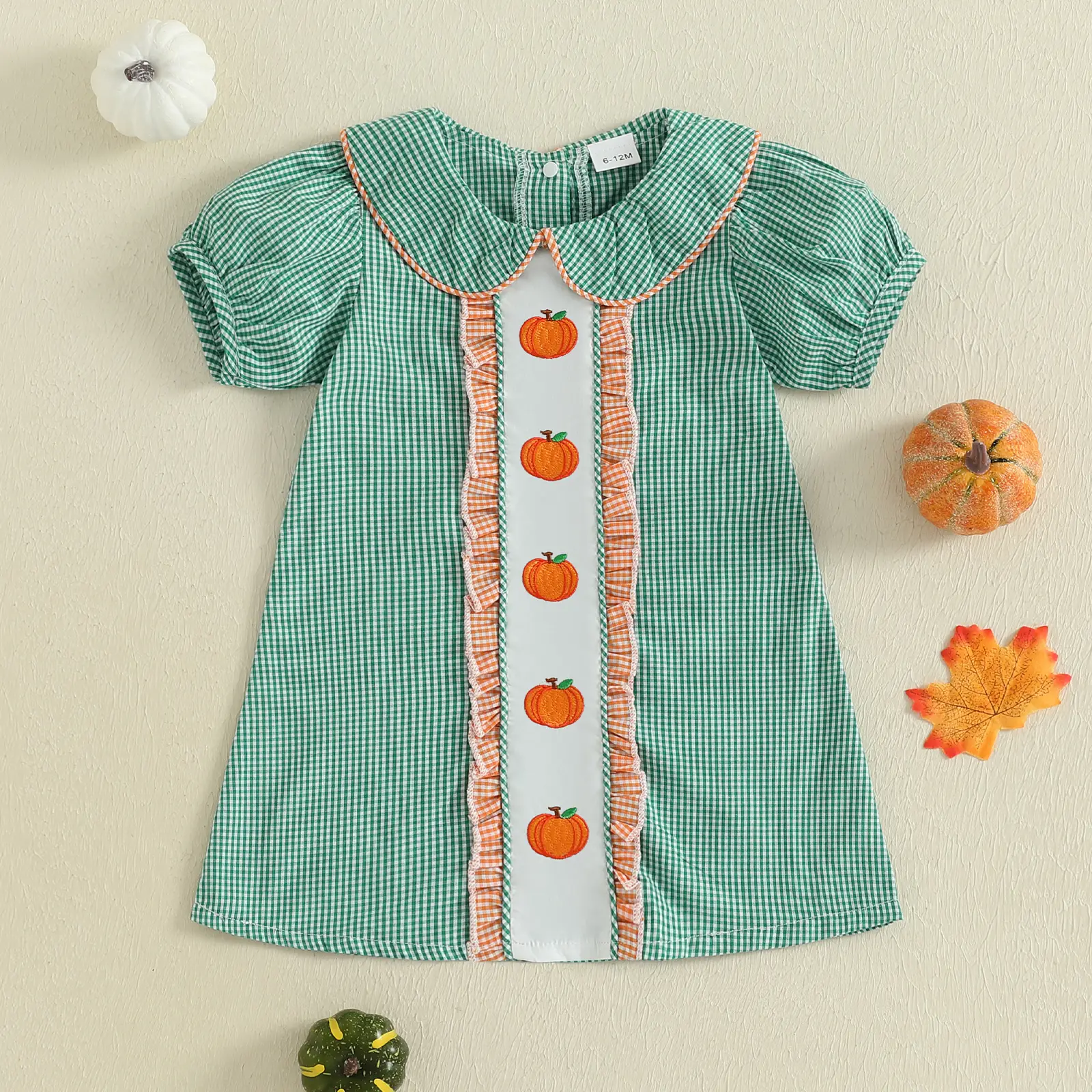 Toddler Baby Girls Plaid Dress Cute Halloween Pimpkin Embroidery Doll Collar Short Sleeve Dress 6M-4Y