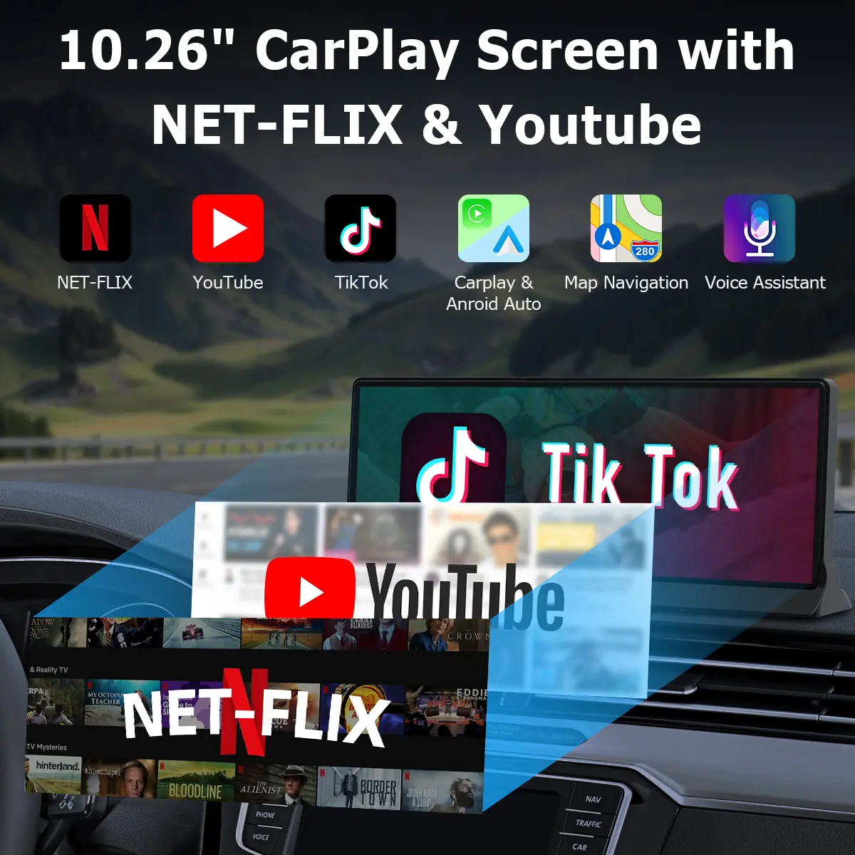 10.26 inch Carplay Screen for car with Netflix YouTube and Backup