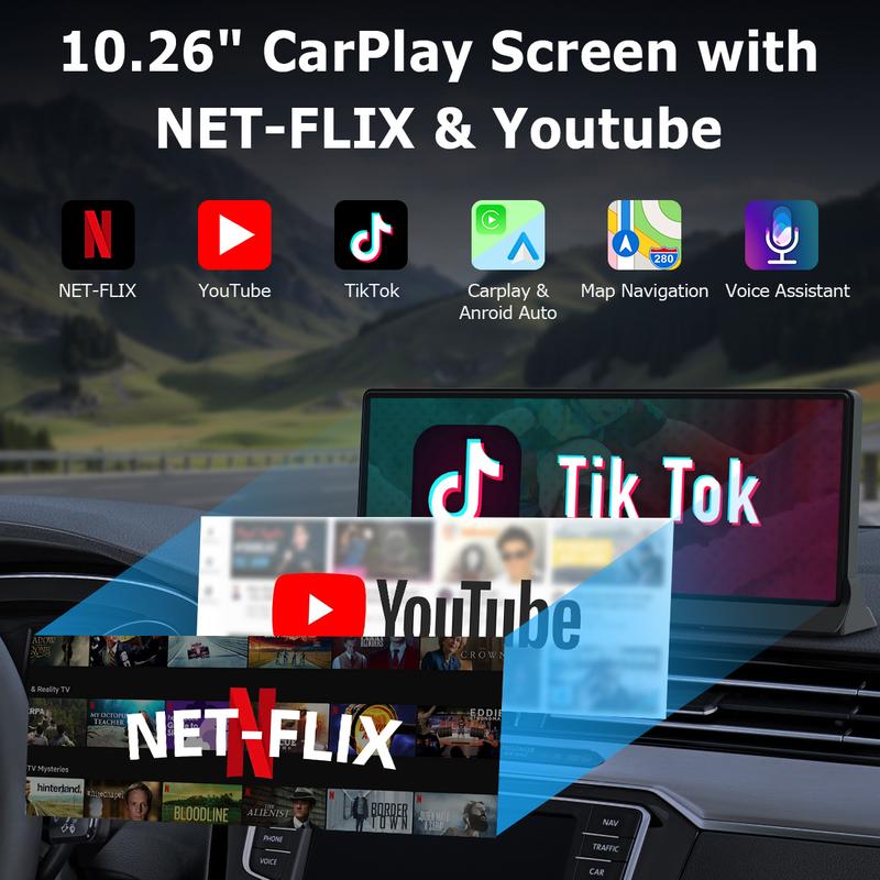 10.26 inch Carplay Screen for car with Netflix YouTube and Backup Camera for iPhone Android Auto Upgraded Wireless AI Video Entertainment BOX Built in Apps Voice Control GPS for iOS 10+ Android 11+