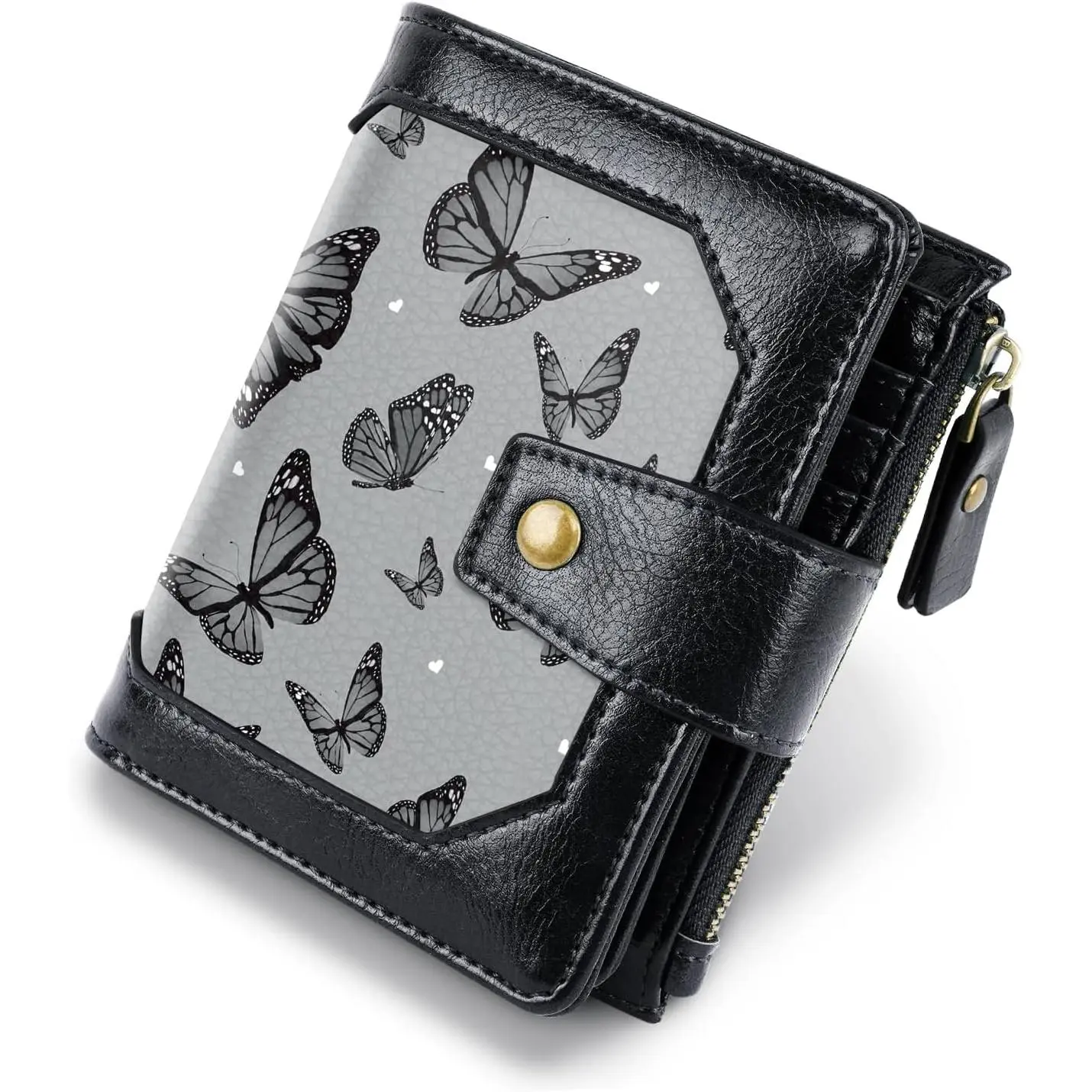 Women Leather Wallet RFID Blocking Small Bifold Zipper Pocket Wallet Card Case Purse with ID Window, Black Butterflies