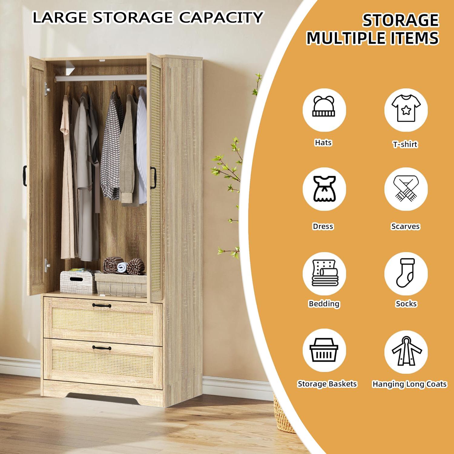 Wooden Wardrobes With Hanging Rods Freestanding Modern Clothing Storage Cabinets With 2 Rattan Doors & Drawers In Black White Natural Colors For Bedroom Living Room Laundry Cloakroom