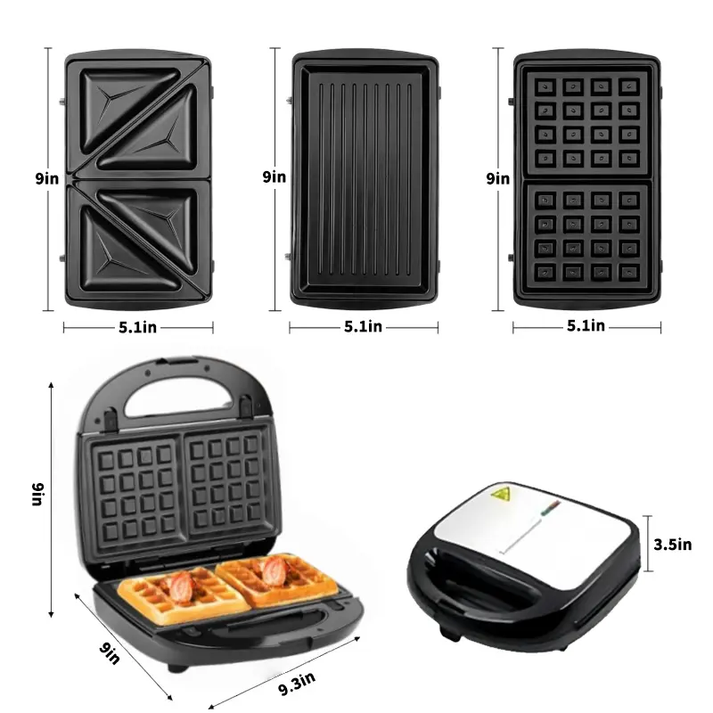 3-in-1 Electric Sandwich Maker, Panini Press, and Waffle Iron with dual-sided heating, featuring removable non-stick plates for easy cleaning and storage. Perfect for making sandwiches, waffles, paninis, burgers, steaks, and snacks.