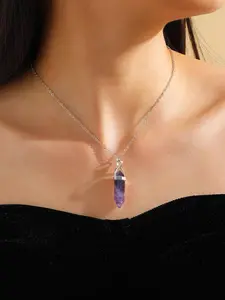 Amethyst Stone Pendant Necklace, Crystal Necklace, Stainless Steel Jewelry for Party, Daily Clothing Decor, Trendy All-match & Exquisite Jewelry for Birthday Gift, Daily Wear Necklace