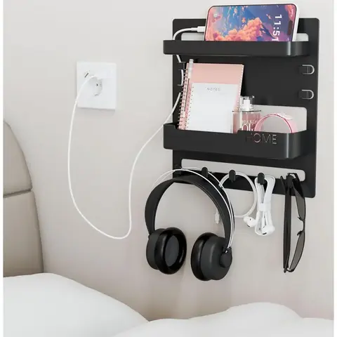 White Wall-Mounted Bedside Organizer with Floating Shelf - Phone-Ready Shelf, Girl Room Decor, Storage Organization, Organizer Storage, Dorm Space Saver, RV Nightstand Accessory
