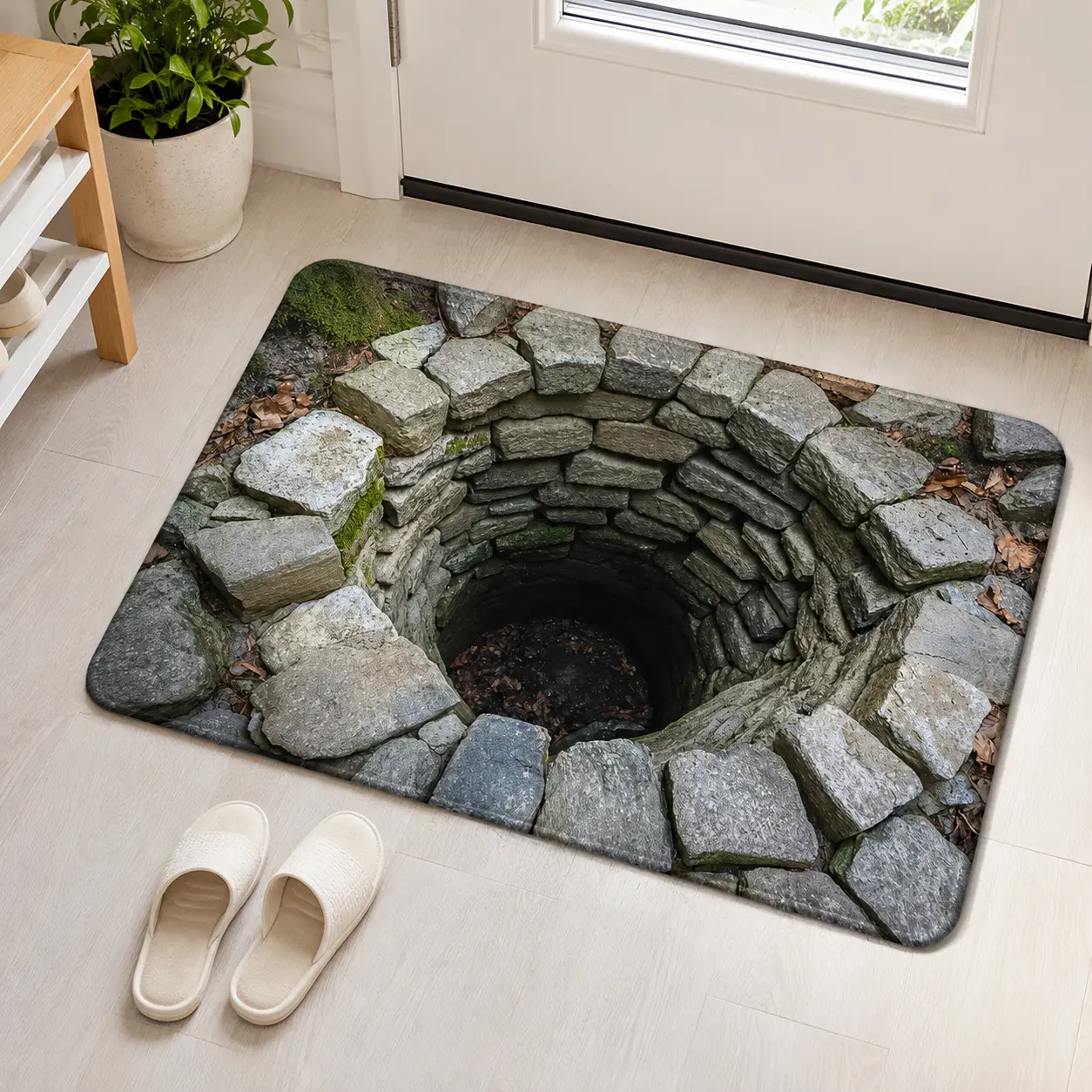 3D Stone Well Optical Illusion Rug, Deep Pit Flannel Floor Mat, Non Slip Washable Entryway Rug, Realistic Stone Hole Home Decor