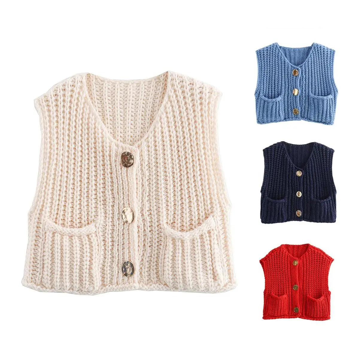 UANEO Women Sleeveless Knit Vest Casual Cropped Sweater with Button Down Open Front and Pockets New Products
