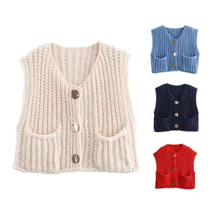UANEO Women Sleeveless Knit Vest Casual Cropped Sweater with Button Down Open Front and Pockets New Products
