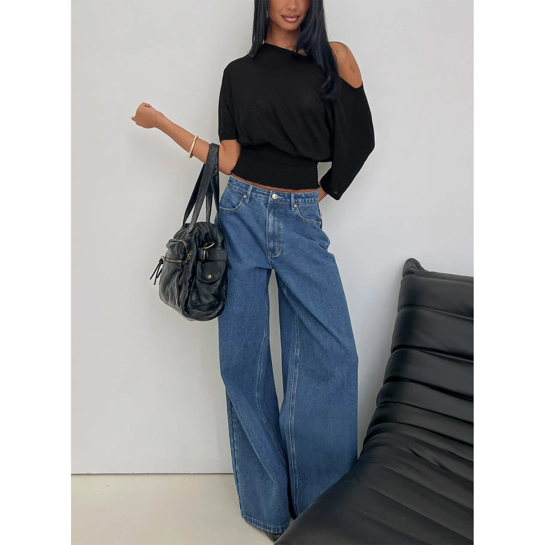 Naylor Mid Rise Wide Leg Jeans Mid Blue Wash