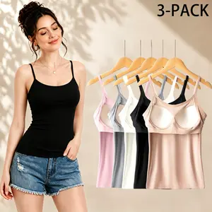 【3 Pack】Trending Minimalist Breathable Fabric Women Adjustable Spaghetti Strap U Neck Tank Top Buttery Soft Non See Through Double Lined Slim Fit Essential Camisole Casual Layering Basic Womenswear Summer Outfits Inspo Tops Daily Office Wear