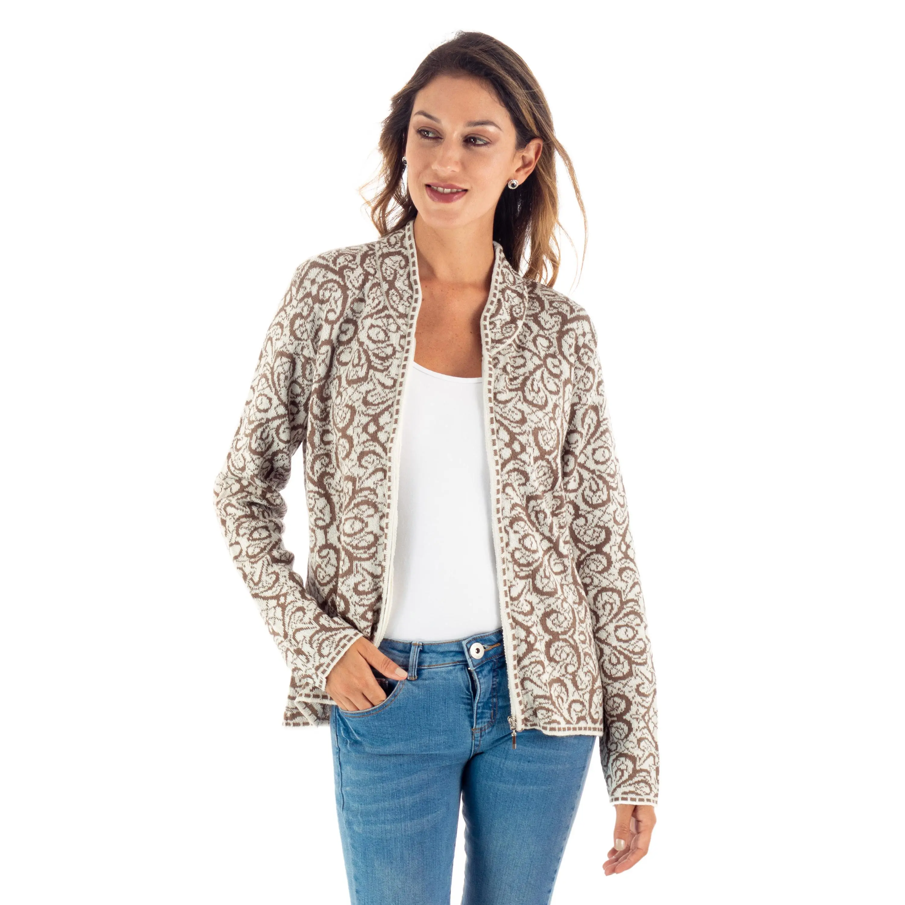 Novica Artisan Handmade Alpaca Blend Cardigan Jauja Wool Clothing Sweater Beige Patterned Peru Nat Geo Sale 'Jauja Lace'