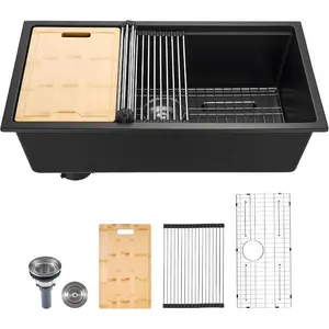 VEVOR 33 inch Kitchen Sink Workstation, Top Mount Granite Sinks, Drop-In Single Bowl Farmhouse Basin with Multiple Accessories, Household Dishwasher Sinks (18Dx 30Wx 9H)VEVOR Super Brand Day