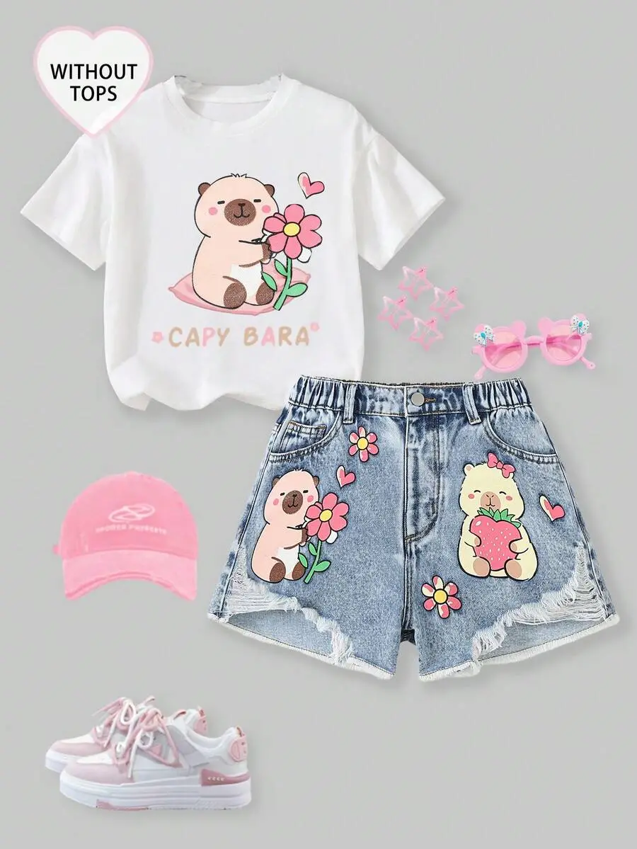 Tween Girls' Heavily Washed Cartoon Patchwork Print Distressed Casual Denim Shorts