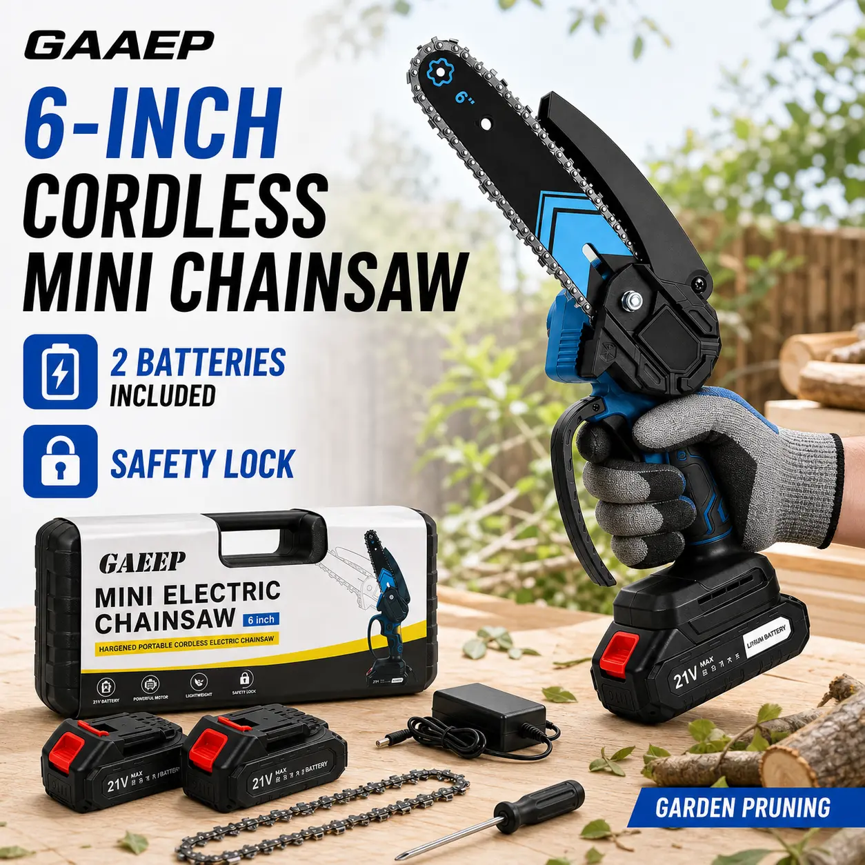 6-Inch Cordless Mini Chainsaw - Powerful One-Handed Electric Saw with 2 Batteries for Tree Trimming 6-Inch Cordless Mini Chainsaw - Powerful One-Handed Electric Saw with 2 Batteries for Tree Trimming