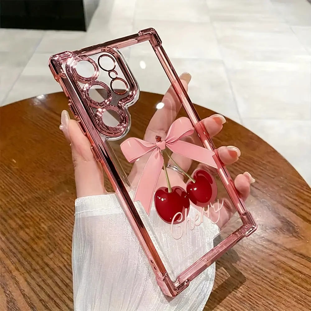 Durable Soft Silicone Smartphone Case Accessories for Samsung Galaxy S22+ FE Edge, S23 Ultra, S24 Plus, S25, S26 - 1.2mm Shockproof, Pink Cherry Print, Transparent Lens Protection, Screen+Cam Buffer, Ideal Gift
