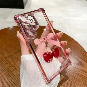 Phone Case Compatible with Samsung Galaxy S23 Ultra S24 Plus S26 S25 S22+ FE Edge Pink Cherry  Pattern Transparent Lens Protection Durable Soft Silicone Cover Gift