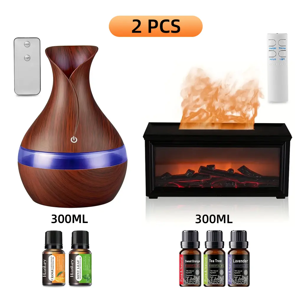 2pieces Fireplace & Wood Grain Diffuser Duo, 300ml Humidifiers, Remote, 5 Oils, 7 Lights, Quiet, Gift Set