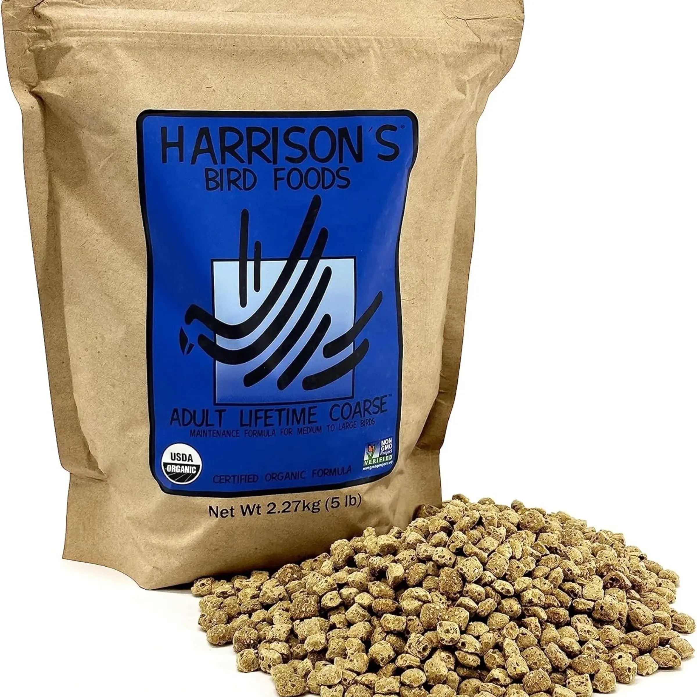 Adult Lifetime Coarse Organic Bird Food Pellets, Non-GMO Formula for Parrots, Cockatoos, Amazons and Other Large Birds, 5 lb Bag