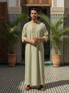 Muslim Traditional Robe Moroccan Style Men's Ethnic Embroidered Long Robe, Authentic Saudi Thobe, Fashionable Arabic Clothing for All Seasons