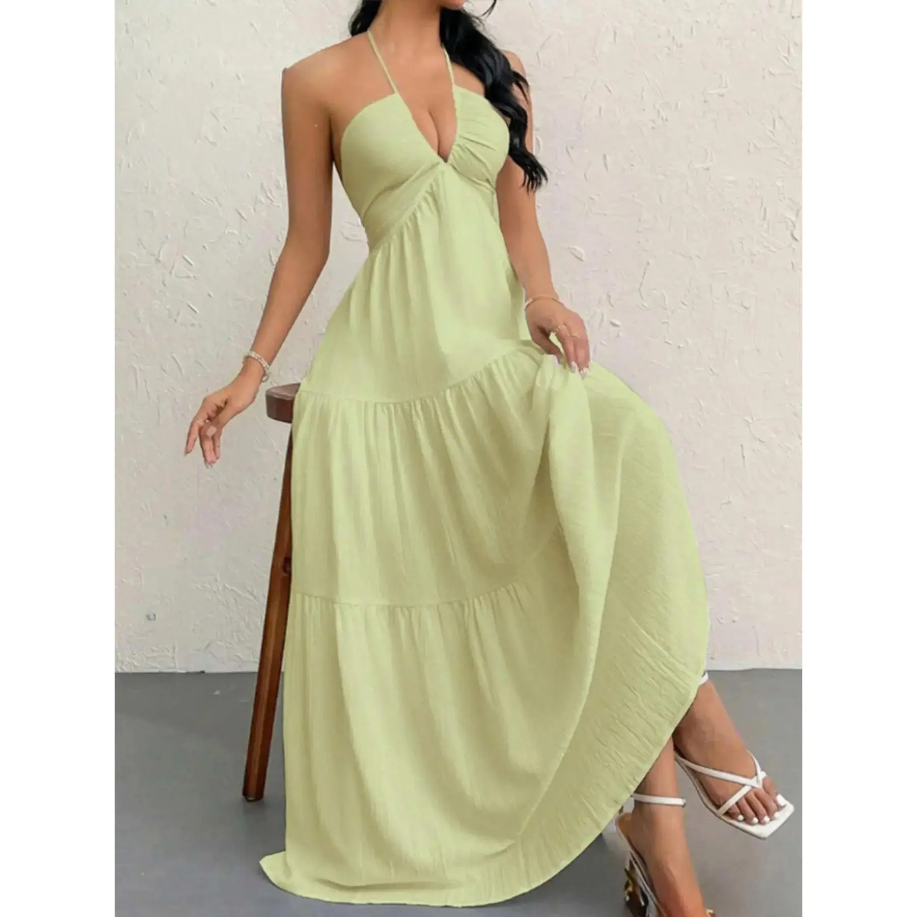 ladies plain dresses Beige Beach Casual for Women Fall Summer Short Sleeve Deep V Neck Faux Linen Maxi Long Loose Fit Sexy Low Cut Hawaiian Pleated Tropical 2026 S at Amazon Women's This dress is simple and timeless Women's Plain Dress, Summer Clothes