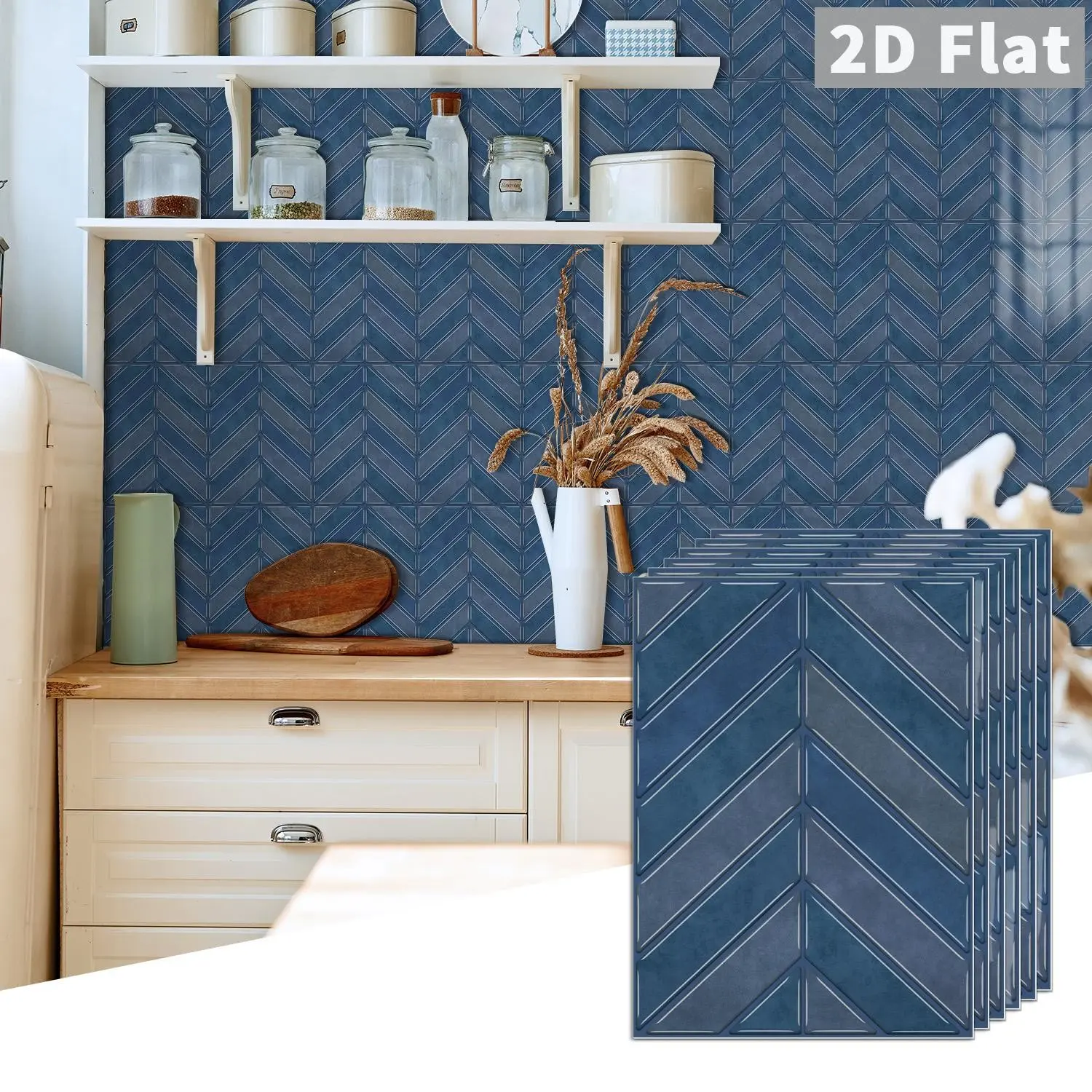 10 PCS/Box PE Crystal Foam Tile Stickers, GST Dark Blue Herringbone, Waterproof Oil-Proof Anti-Collision