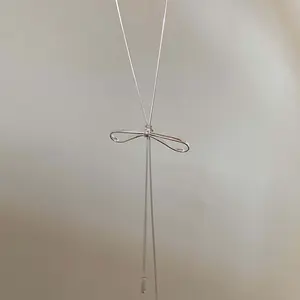 Silver bow pull-out adjustable length necklace for girls daily Jewelry