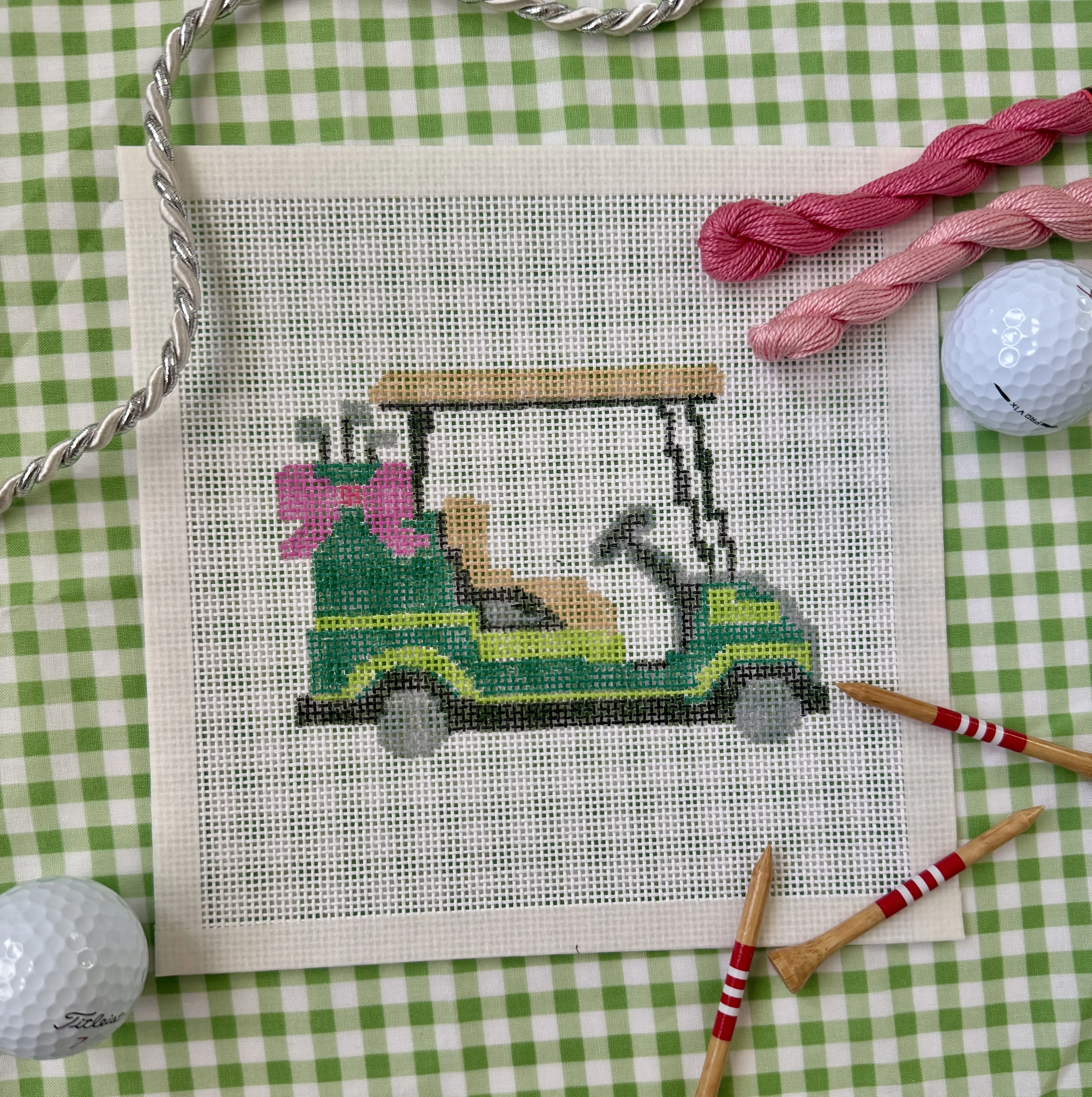 Golf Cart w/ Bow and Clubs| Hand Painted Needlepoint Canvas | Masters / Spring w/ Azaleas