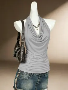 Women's Sleeveless Halter Top, Ruched Slim Fit Drop Shoulder Backless Vest, Casual Solid Pattern, No Ca Prop 65, Summer