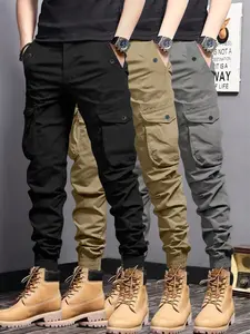 Men's Spring Fall Workwear Pants, Youth Slim Fit Outdoor Multi-Pocket Casual Pants, Drawstring Ankle-Length Trousers, Casual Fashion Trousers