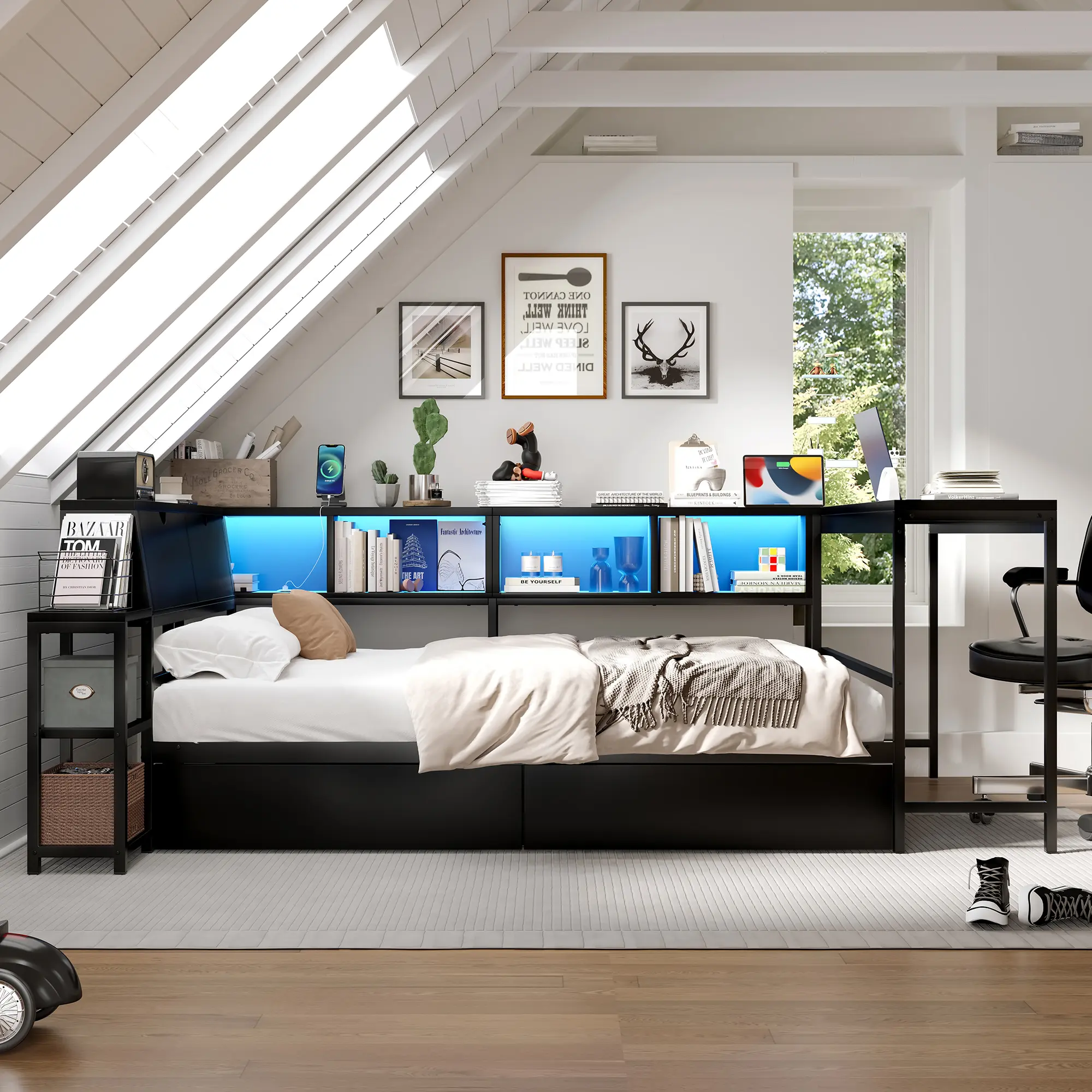 Corner Bed Frame Full Size with Bookcase and 2 Underbed Storage Drawers, Modern Twin/Full Bed with LED Light and Charging Station, Black