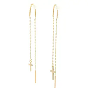 14k Dainty Needle & Thread Dangle Earrings with Cross Charm